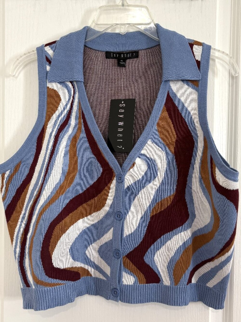 Say What? Retro Sweater Vest Button Front Tank Top Blue Abstract Size XL NEW